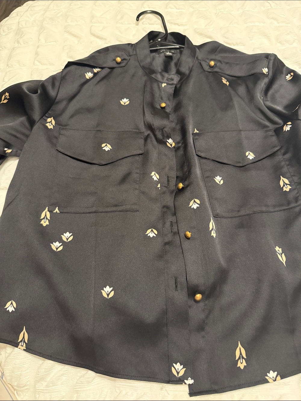 Silky Black Button-Up Blouse with Gold Floral Accents